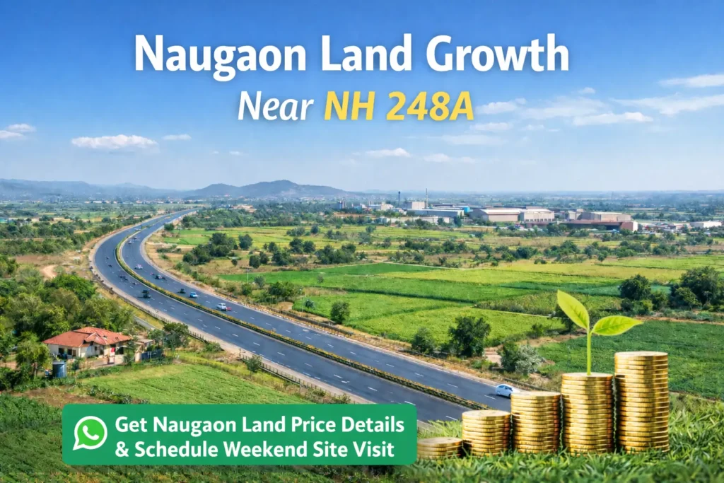 Farmhouse land in Naugon near NH 248A and RIICO Industrial Growth Corridor showing highway connectivity and green plots