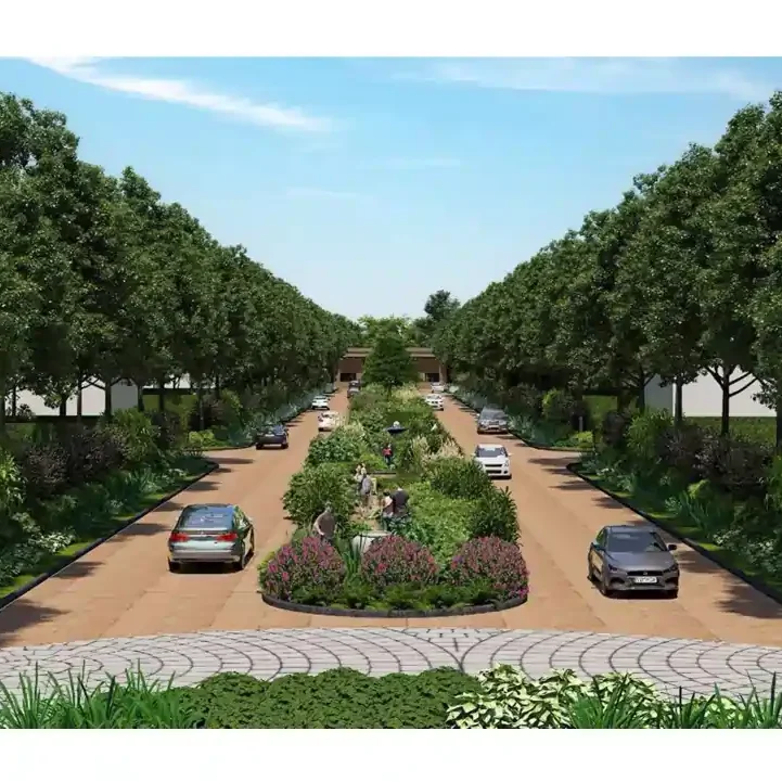 Wide internal road with two cars moving with green surroundings